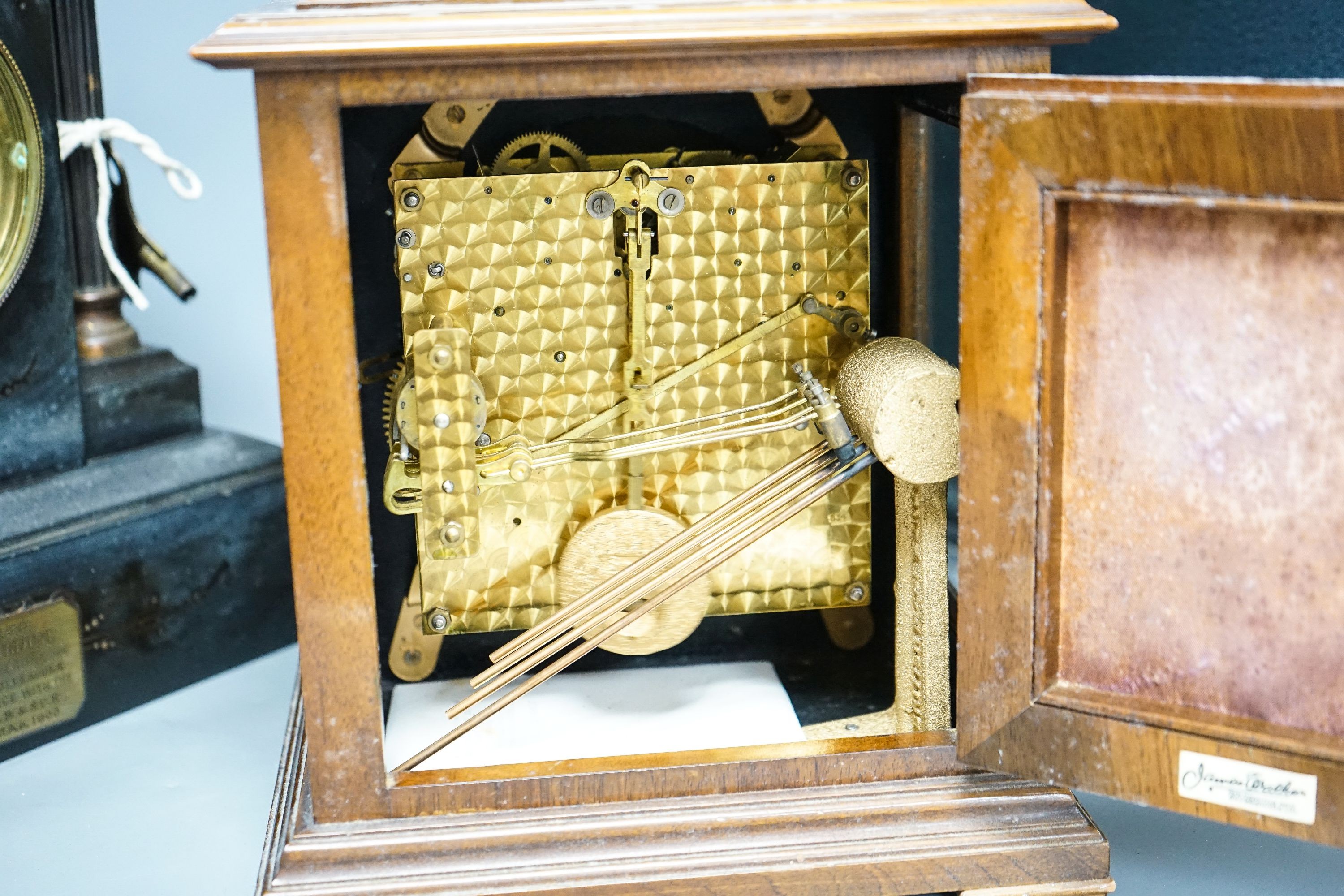 A walnut cased chiming bracket clock together with a slate mantle clock 37cm